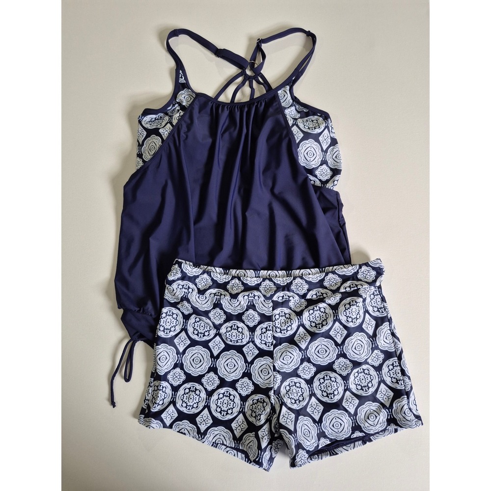 Holipick Navy Blue Medallion Blouson Tankini Swimsuit Set Boy Shorts 18W NWT